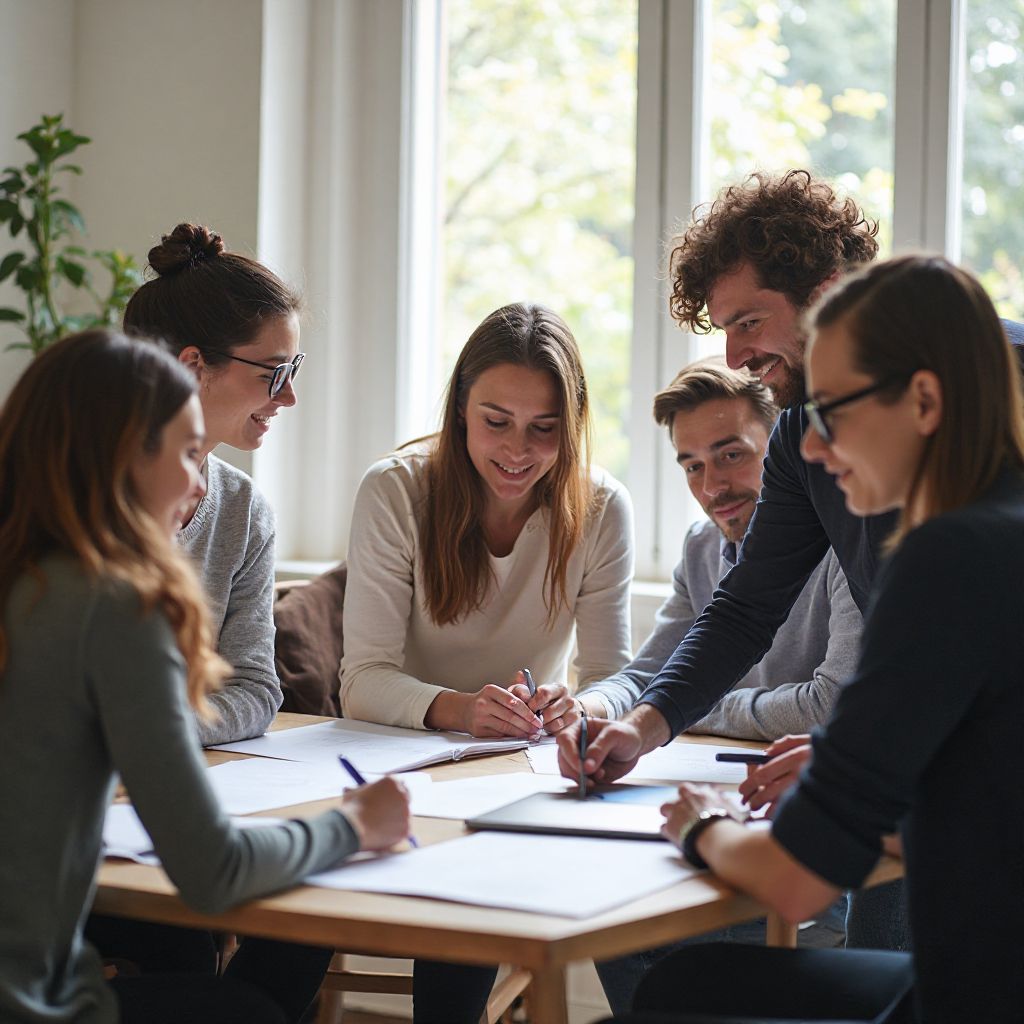 Workshop participants engaged in team-building exercise
